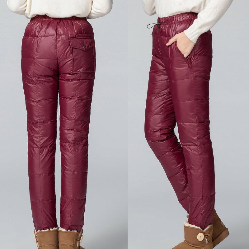 Flygo Womens Snow Pants Packable Winter Waterproof Windproof Outdoor Ultralight Warm Down Ski Pants Trousers(WineRed-L) - Image 2
