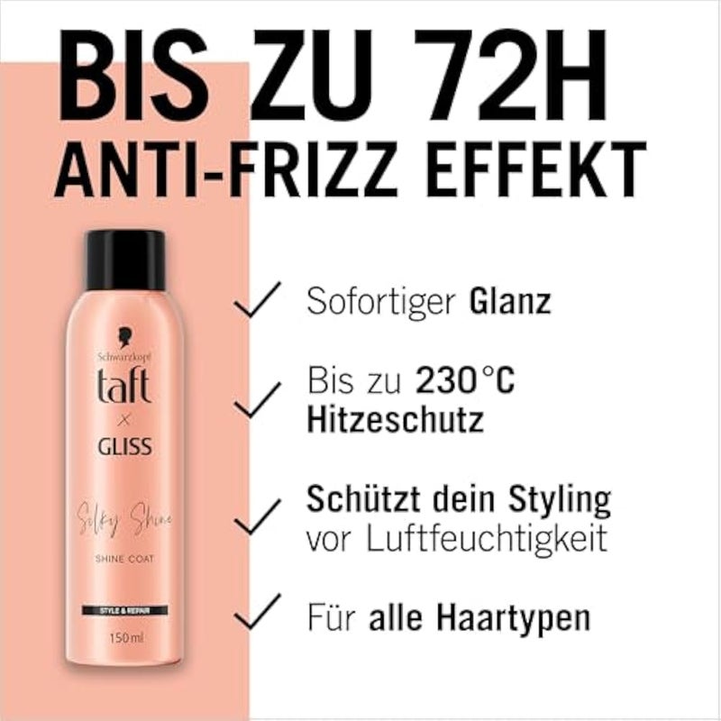 TAFT x Gliss Silky Shine Shine Coat (150 ml), Shine Spray Provides Instant Shine for Hair, Up to 72 Hours Anti-Frizz Effect and Heat Protection up to 230°, for All Hair Types - Image 1