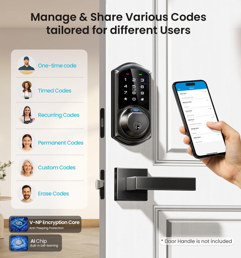 Veise VE07 Fingerprint Smart Door Lock, 7-in-1 Keyless Entry Deadbolt with App Control, Electronic Digital Touchscreen Keypad, Biometric Smart Locks for Front Door, Auto Lock, Matte Black - Image 4