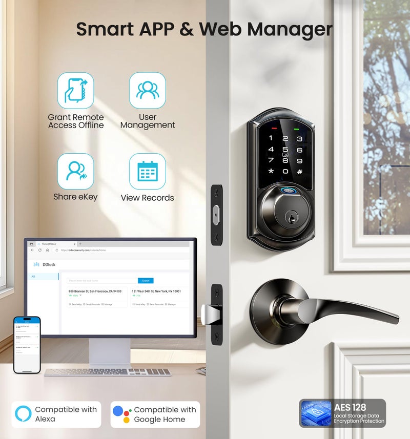Veise VE07 Fingerprint Smart Door Lock, 7-in-1 Keyless Entry Deadbolt with App Control, Electronic Digital Touchscreen Keypad, Biometric Smart Locks for Front Door, Auto Lock, Matte Black - Image 3