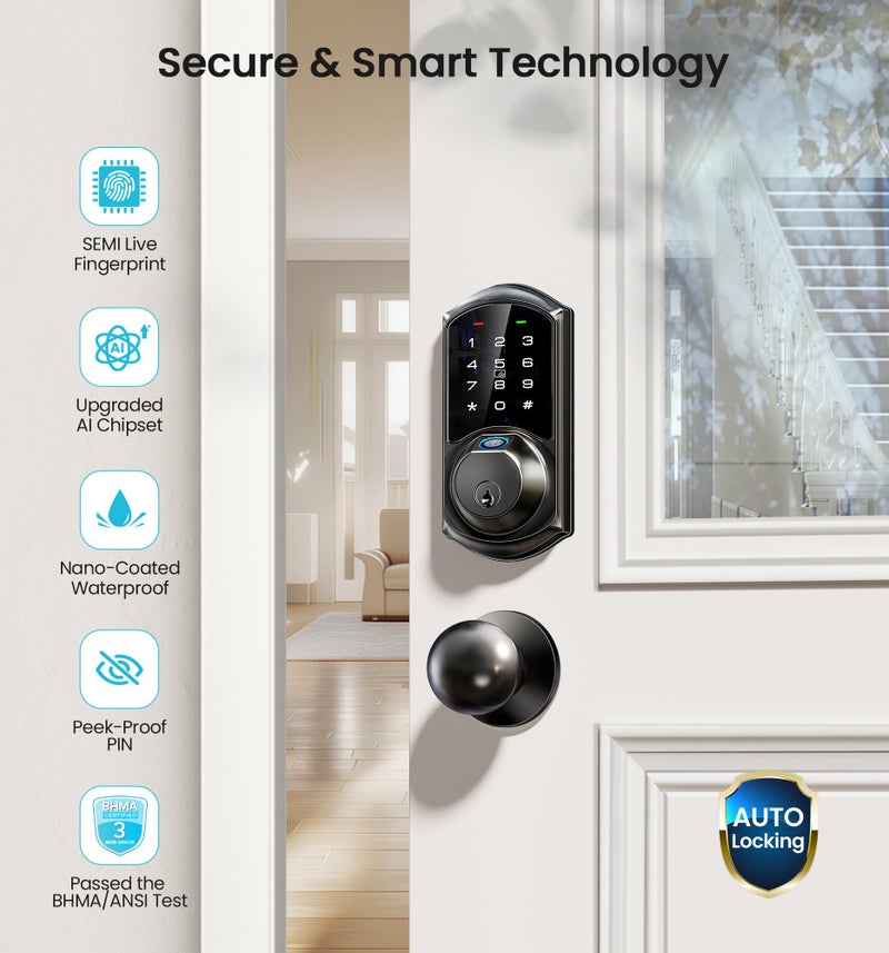 Veise VE07 Fingerprint Smart Door Lock, 7-in-1 Keyless Entry Deadbolt with App Control, Electronic Digital Touchscreen Keypad, Biometric Smart Locks for Front Door, Auto Lock, Matte Black - Image 5