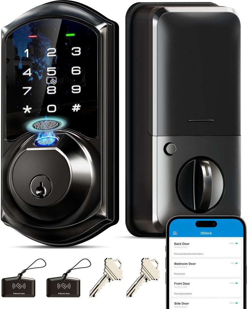 Veise VE07 Fingerprint Smart Door Lock, 7-in-1 Keyless Entry Deadbolt with App Control, Electronic Digital Touchscreen Keypad, Biometric Smart Locks for Front Door, Auto Lock, Matte Black - Image 1