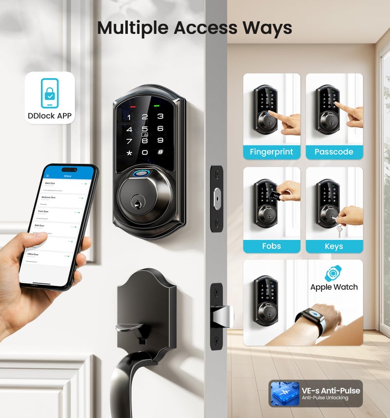 Veise VE07 Fingerprint Smart Door Lock, 7-in-1 Keyless Entry Deadbolt with App Control, Electronic Digital Touchscreen Keypad, Biometric Smart Locks for Front Door, Auto Lock, Matte Black - Image 2