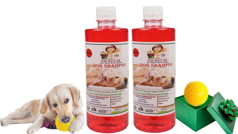 swacch Shampoo | Puppy Safe Shampoo | PH Balanced | Ditch to Itch for Dog Shampoo 500ml Pack of 2 (Strawberry) + Spike Ball Chew Toy Combo Pack - Image 1