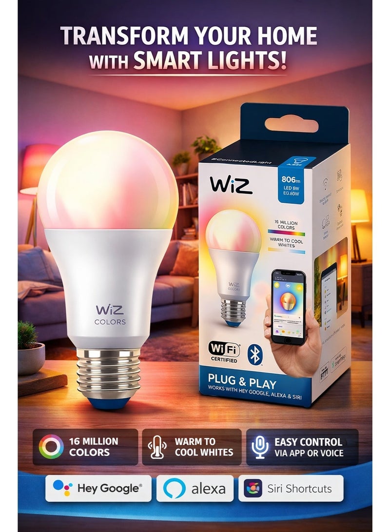WiZ WiFi Smart LED Bulb Color 16 Million Colors E27 806 Lumens – Phone App + Voice Control – No Hub Required – Warm to Cool White – Works with Alexa, Google Assistant & Siri Shortcuts – Plug & Play