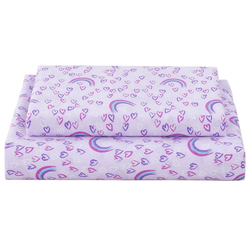 Softan Bed Sheet Set for Kids girls  Twin Size Kids Sheets Microfiber Kids Fitted Sheet  Breathable & Silky Soft Feeling Kids Sheet Set 3 Pcs Purple Love Heart Rainbow Kids Twin Bed Sheet