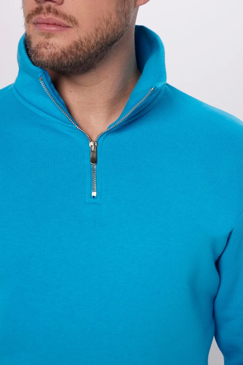 تودورس Unisex Relax Fit Comfortable Cut Cotton Fleece Inside Half Zipper Turquoise Stand Collar Sweatshirt