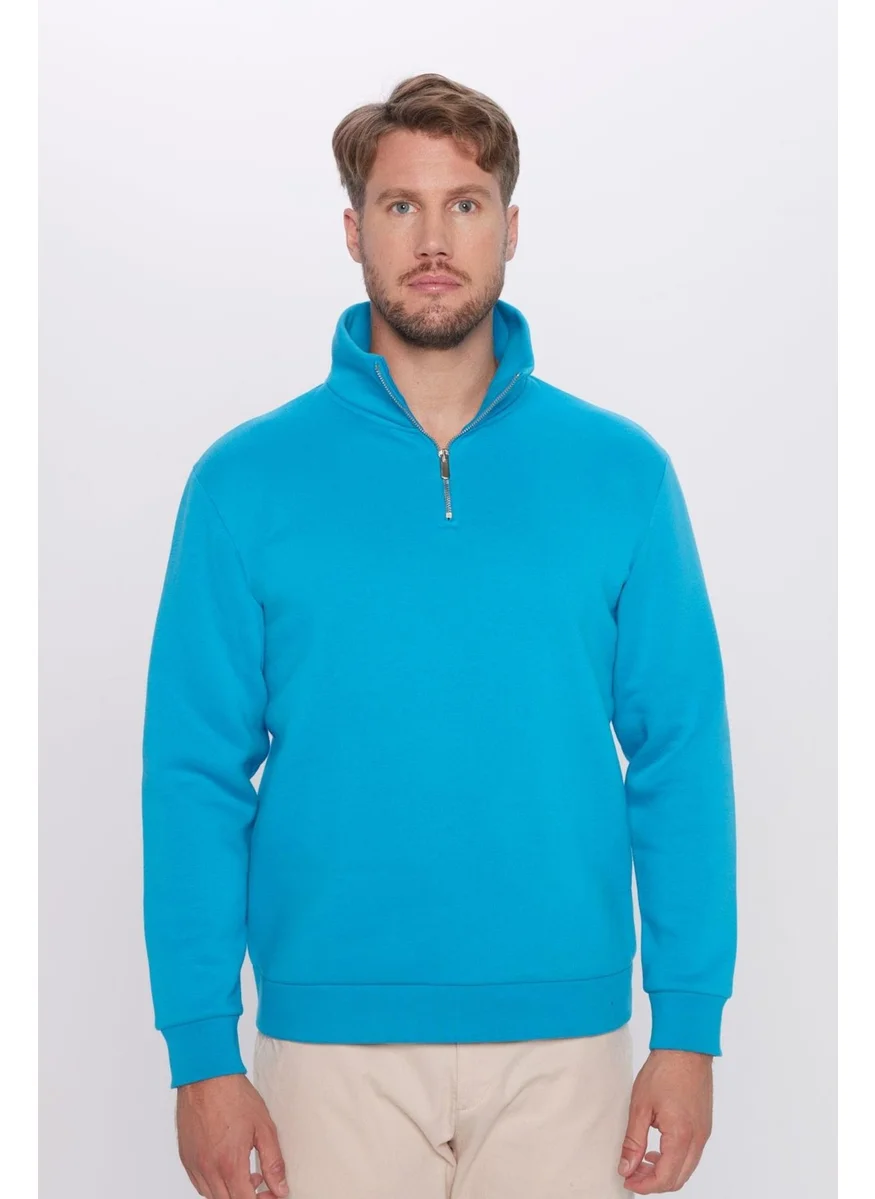 Tudors Unisex Relax Fit Comfortable Cut Cotton Fleece Inside Half Zipper Turquoise Stand Collar Sweatshirt