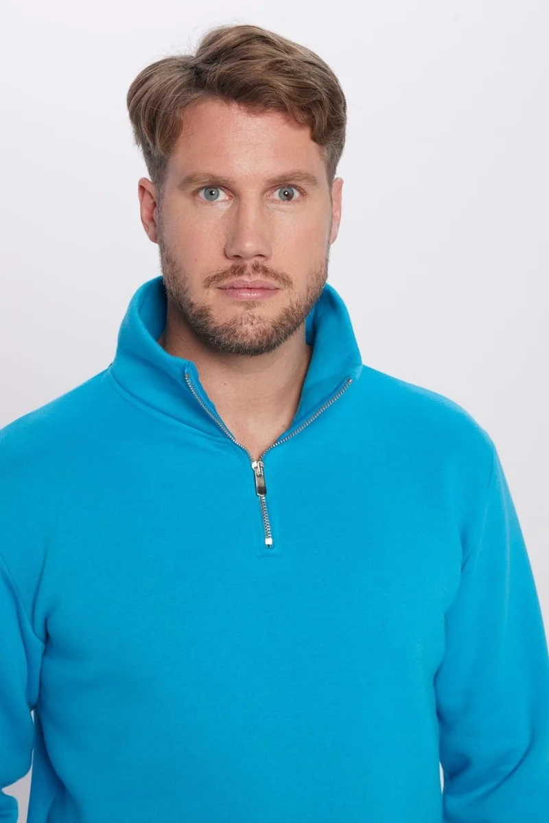 تودورس Unisex Relax Fit Comfortable Cut Cotton Fleece Inside Half Zipper Turquoise Stand Collar Sweatshirt