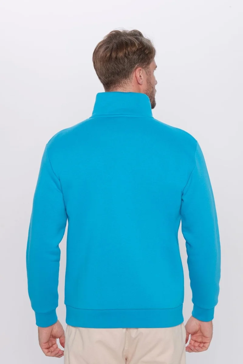 تودورس Unisex Relax Fit Comfortable Cut Cotton Fleece Inside Half Zipper Turquoise Stand Collar Sweatshirt