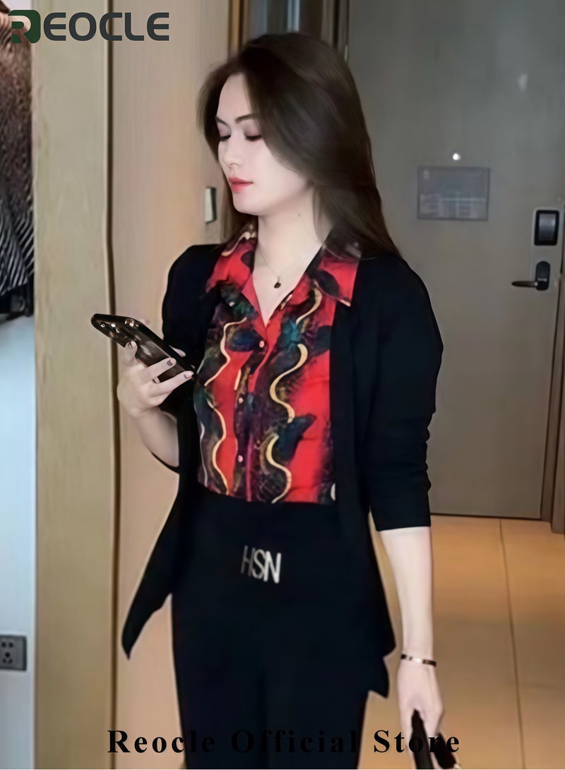 REOCLE Women's Fake Two-Piece Shirt Spliced Long Sleeved Top Autumn Warm Shirt Fashionable Turned Collar Button Top Flower Printed Shirt for Commuting & Business & Daily Wear - Image 3