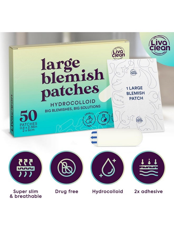 LivaClean - LivaClean 50CT Large Hydrocolloid Acne Patches - for Pore Spots Nose Face Cystic Pimple Zit Patch - Big Pimple Patches Hydrocolloid Bandages Strips Stickers Pimple Patch XL Large Acne Patch Large - Image 1
