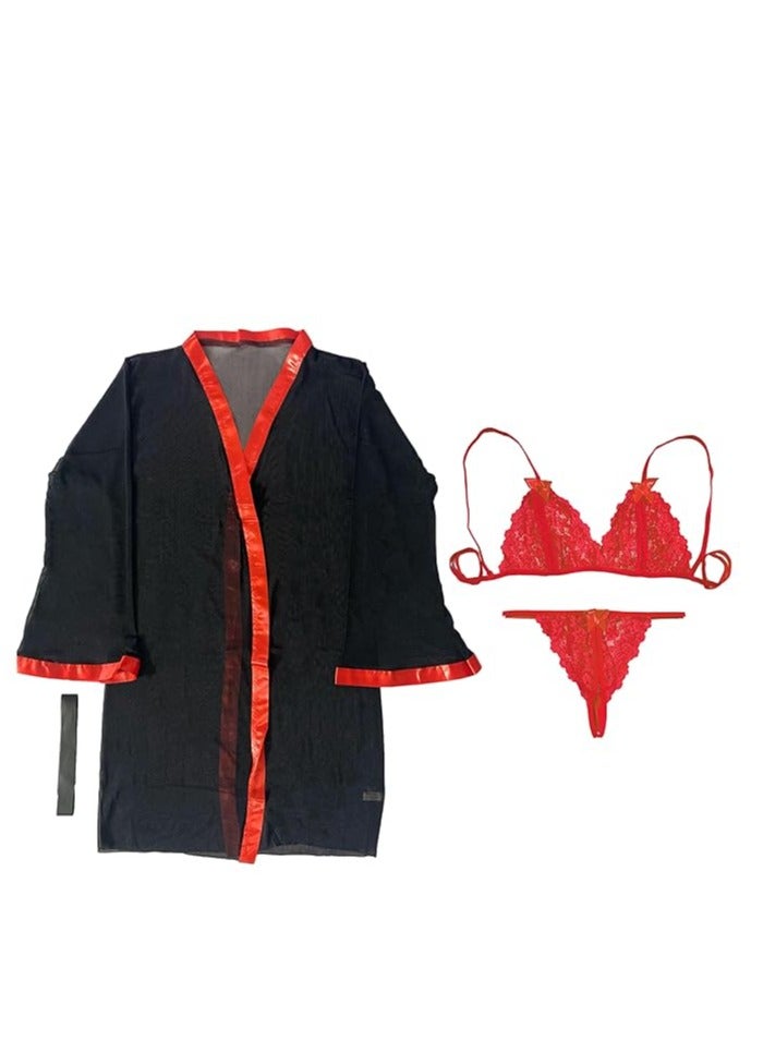 Accessorize Kingdom Women Nightwear Robe with Lace Bra Panty Lingerie Set  - Image 1