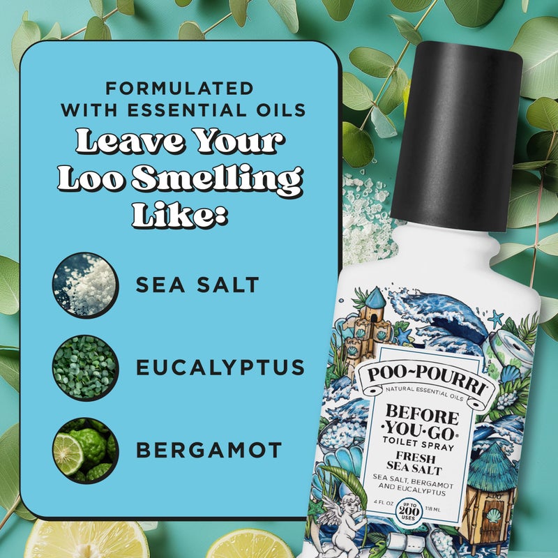 Poo-Pourri Before-You-Go Toilet Spray, Fresh Sea Salt, 4 Fl Oz, Up to 200 Uses, Bathroom Odor Deodorizer, Plant-Based with Essential Oils, for Home or Work, Sea Salt, Bergamot & Eucalyptus Scent - Image 4