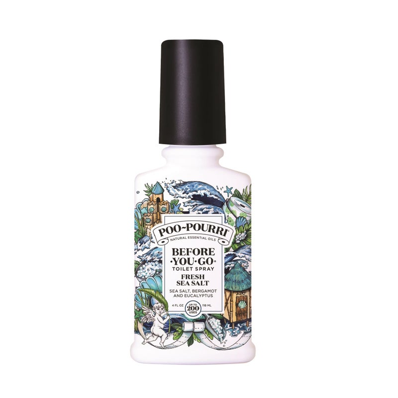 Poo-Pourri Before-You-Go Toilet Spray, Fresh Sea Salt, 4 Fl Oz, Up to 200 Uses, Bathroom Odor Deodorizer, Plant-Based with Essential Oils, for Home or Work, Sea Salt, Bergamot & Eucalyptus Scent - Image 1