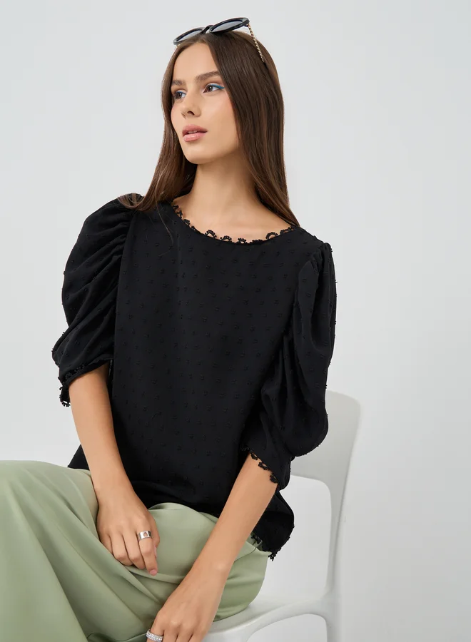 تايك تو Take Two Solid Balloon Sleeve Lace Trim Blouse