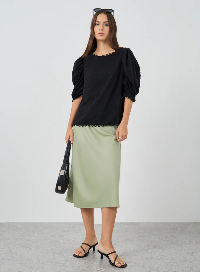 تايك تو Take Two Solid Balloon Sleeve Lace Trim Blouse