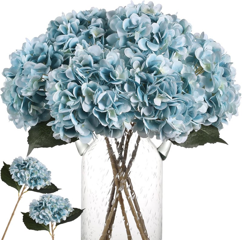 Kisflower 6 قطع زهور الهدرانج الحريرية الزرقاء الصناعية باقة زهور الهدرانج الواقعية لديكور حفلات الزفاف والحفلات والمكتب والمنزل (أزرق) - Image 1