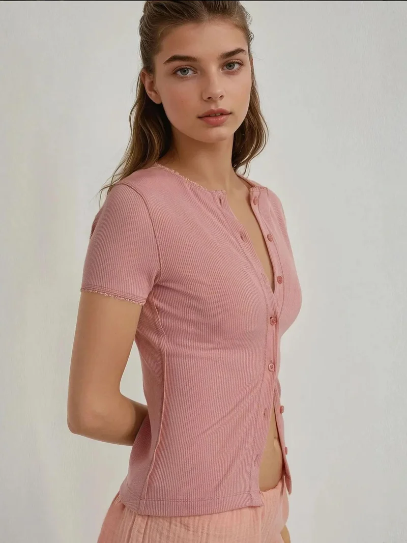 HICCUP Textured Buttoned Knit Top