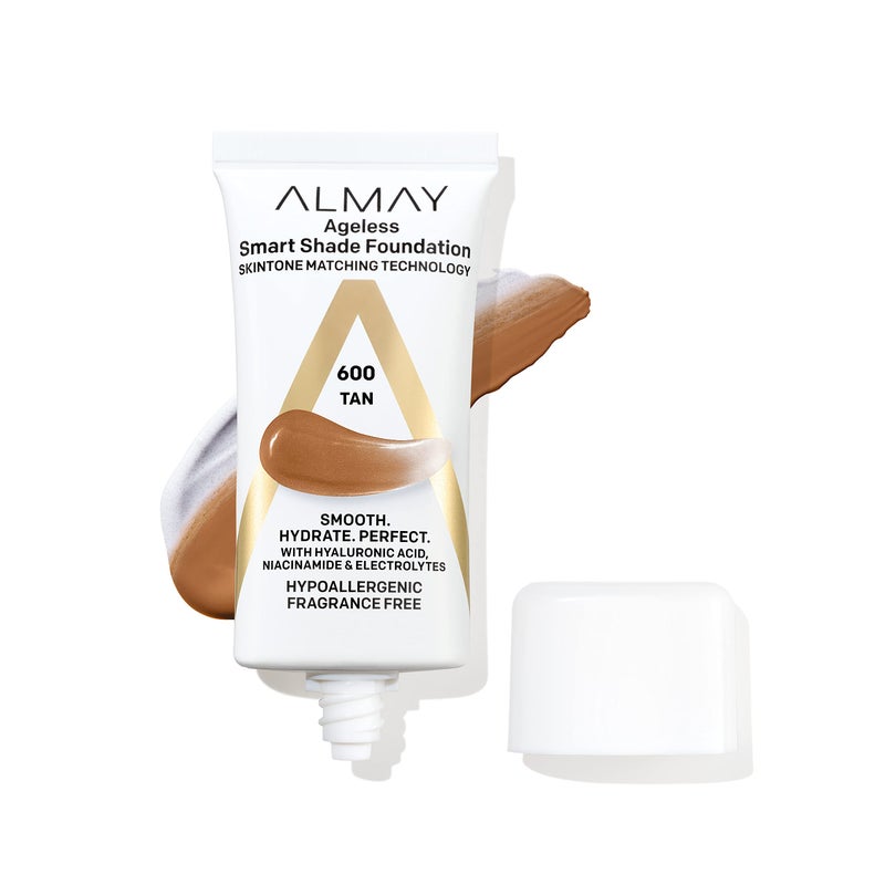 Almay Anti-Aging Foundation, Smart Shade Face Makeup with Hyaluronic Acid, Niacinamide, Vitamin C & E, Hypoallergenic-Fragrance Free, 600 Tan, 1 Fl Oz (Pack of 1) - Image 1