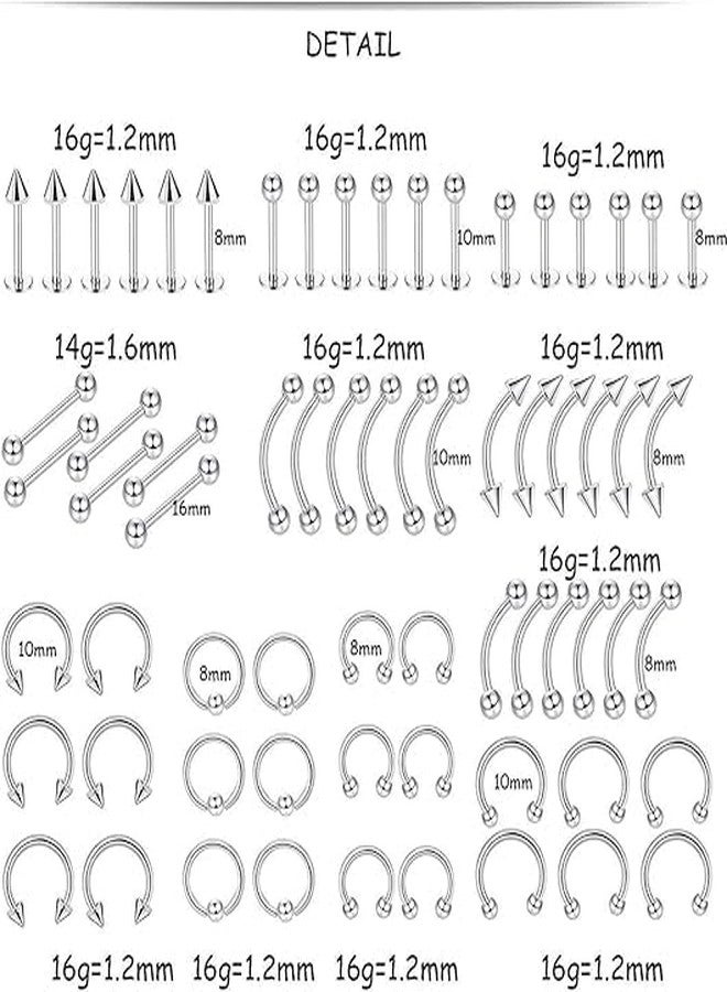 SHIELD PLUS Piercing Kit Stainless Steel Belly Tongue Tragus Nipple Lip Nose Ring Body Jewelry (74 Pieces) - Image 2