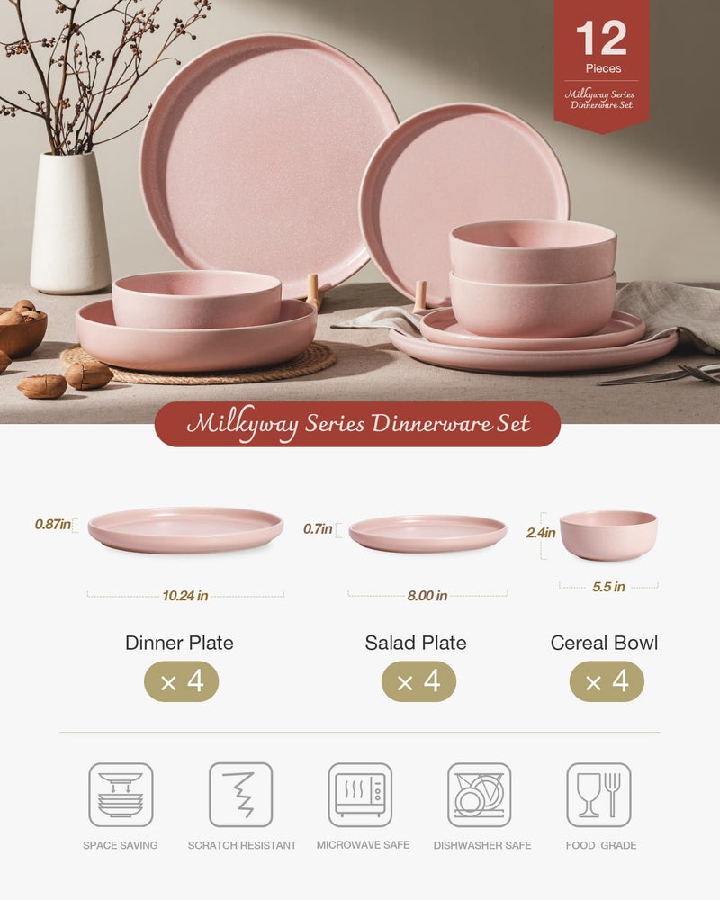 Famiware Milkyway Plates and Bowls Sets, 12 Pieces Dinnerware Sets, Reactive Glaze Dish Set, Stoneware Dishes Set for 4, Light Pink - Image 2