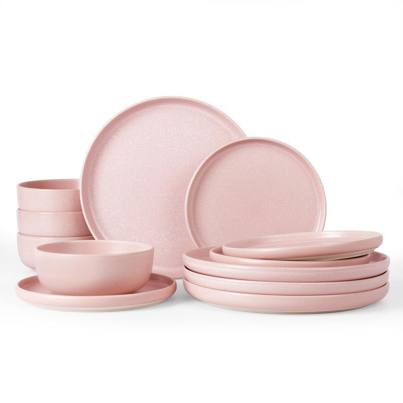 Famiware Milkyway Plates and Bowls Sets, 12 Pieces Dinnerware Sets, Reactive Glaze Dish Set, Stoneware Dishes Set for 4, Light Pink - Image 1