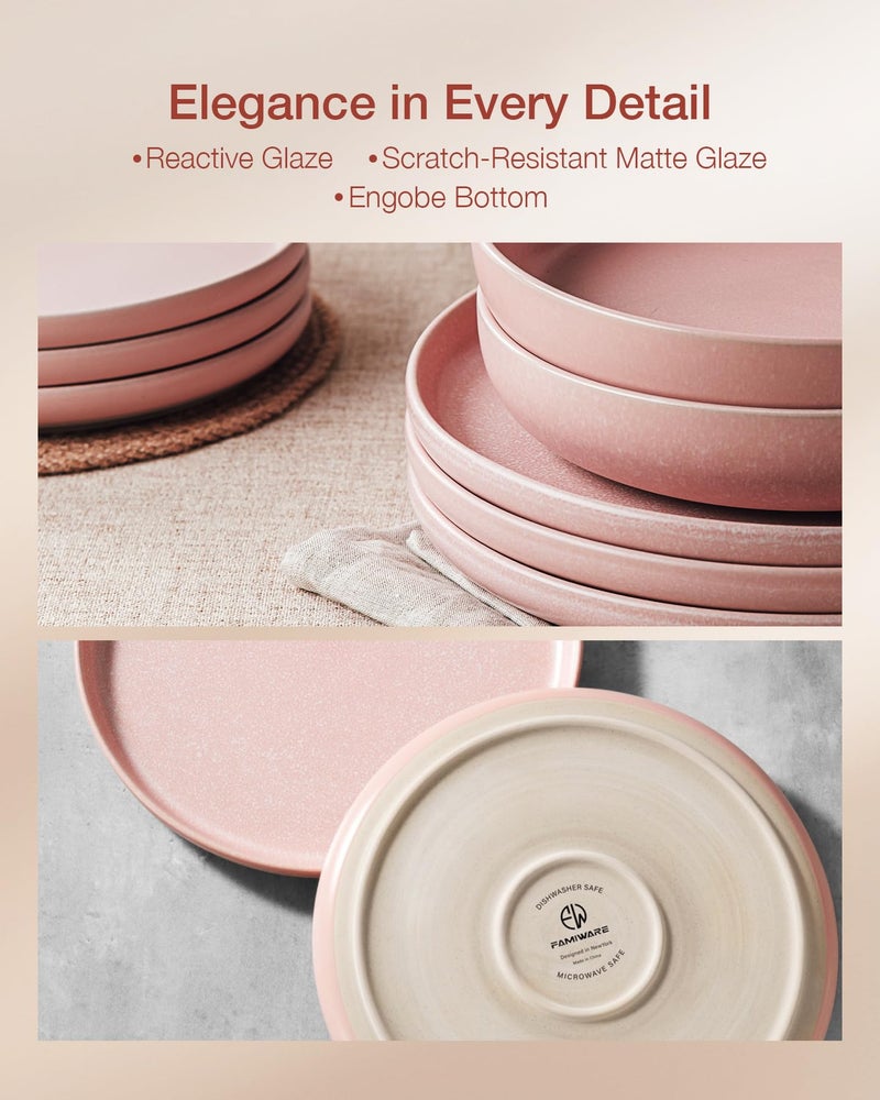 Famiware Milkyway Plates and Bowls Sets, 12 Pieces Dinnerware Sets, Reactive Glaze Dish Set, Stoneware Dishes Set for 4, Light Pink - Image 4