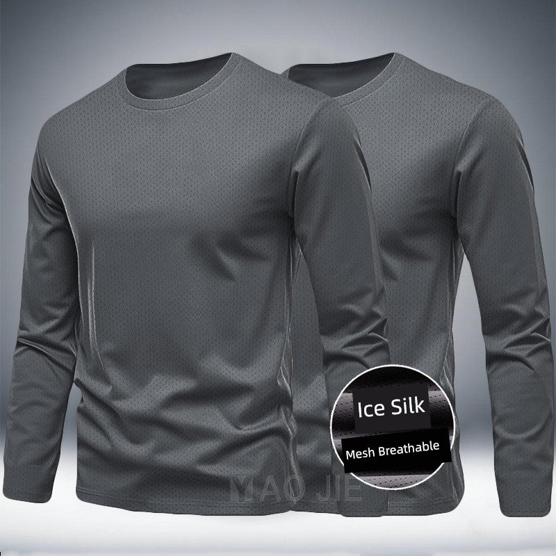 Spring and summer plus size ice silk mesh men's quick-drying long-sleeved round-neck sports running clothes fat T-shirt fitness training clothes - Image 3