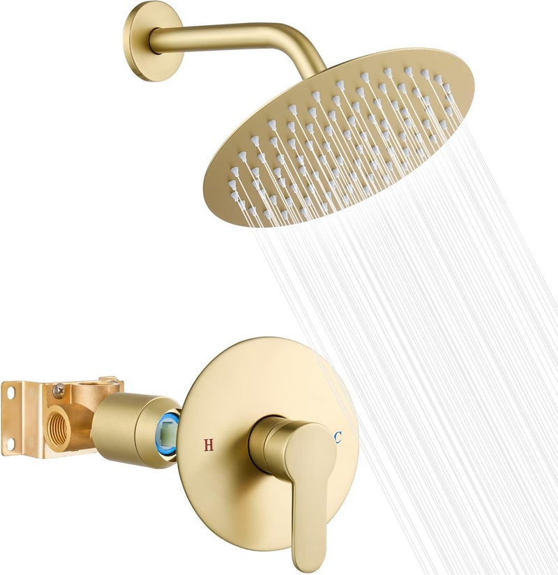 Heyalan Shower Faucet Set with Valve Kit,8 Inch Bathroom Rainfall Shower Head and Handle Set System Trim Kit,Female Thread Valve Single Function,Brushed Gold - Image 1