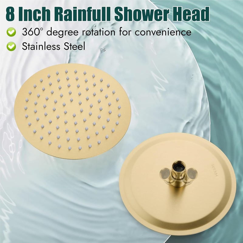 Heyalan Shower Faucet Set with Valve Kit,8 Inch Bathroom Rainfall Shower Head and Handle Set System Trim Kit,Female Thread Valve Single Function,Brushed Gold - Image 4