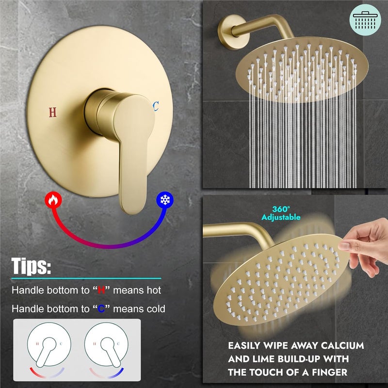 Heyalan Shower Faucet Set with Valve Kit,8 Inch Bathroom Rainfall Shower Head and Handle Set System Trim Kit,Female Thread Valve Single Function,Brushed Gold - Image 5