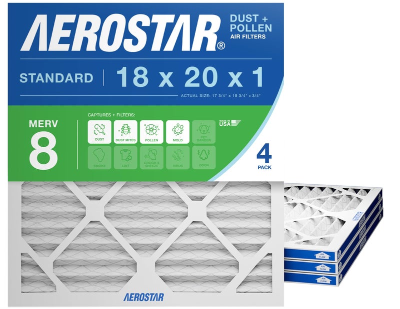 Aerostar 18x20x1 MERV 8 - 4 Count - High Efficiency Pleated HVAC, Furnace & Air Conditioner Filters - Removes Dust, Lint, Mold & Allergy-Causing Pollen - Image 1