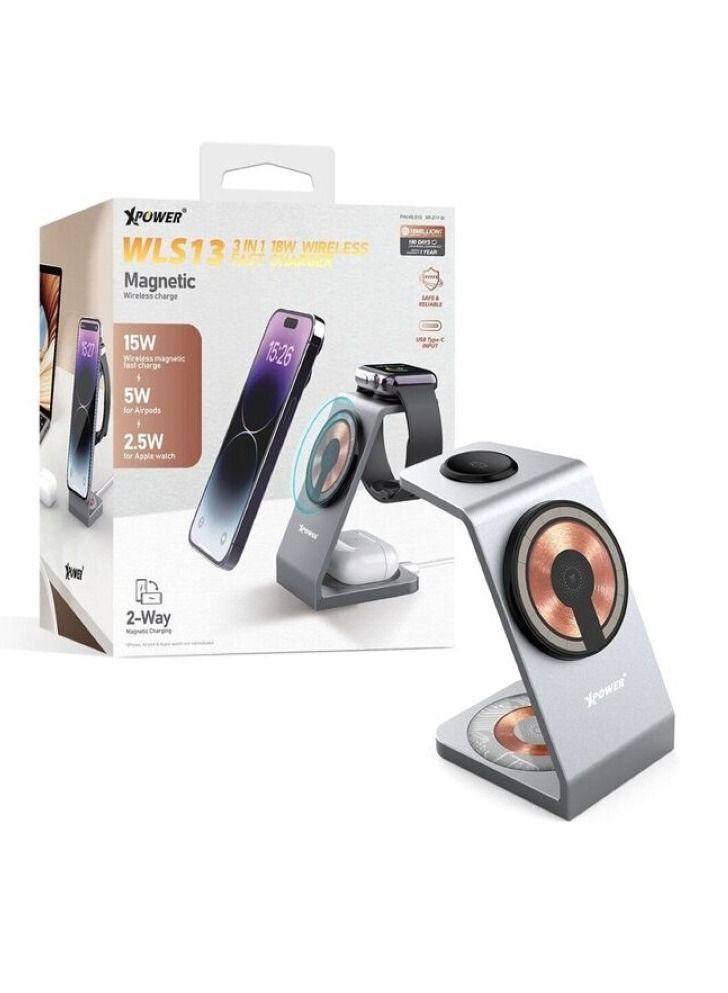 اكس باور 3 في 1 شاحن لاسلكي مغناطيسي 18 واط فضي - Image 1