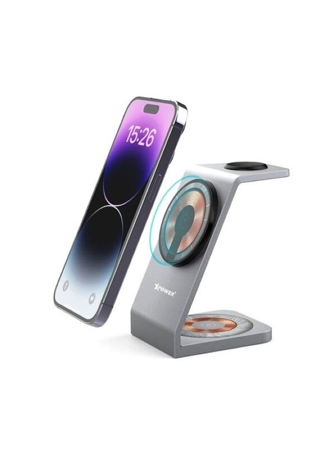 اكس باور 3 في 1 شاحن لاسلكي مغناطيسي 18 واط فضي - Image 2