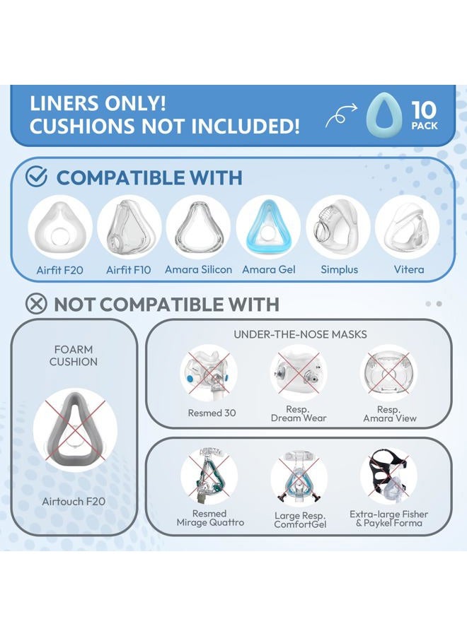 RespWave 10 Pack CPAP Mask Liners, 3D Mask Cushion Cover Compatible with Airfit F20/F10, F&P Simplus & Vitera, Philips Full Face Masks, Reduce Air Leakage, CPAP Supplies, Size L, (Cushions NOT Included) - Image 2