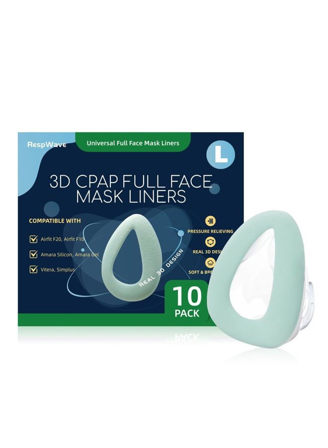 RespWave 10 Pack CPAP Mask Liners, 3D Mask Cushion Cover Compatible with Airfit F20/F10, F&P Simplus & Vitera, Philips Full Face Masks, Reduce Air Leakage, CPAP Supplies, Size L, (Cushions NOT Included) - Image 1