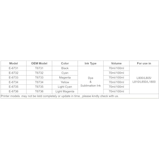 INK SET 673 FOR ECOTANK FOR EPSON 6 PACK FOR PRINTER L800/L805/ L810/L850/L1800 - Image 3