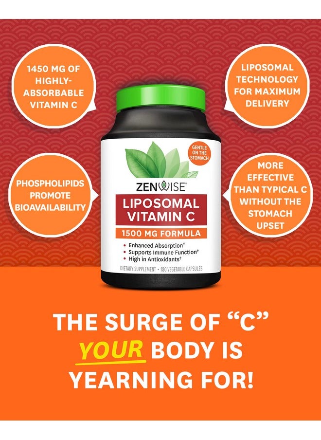 Zenwise Health - Zenwise Vitamin C Liposomal Ascorbic Acid 1000 Mg Of Organic Highly Bio Available Vitamin C For Immune Health Natural Energy Boost And Skin Care Support 3 Month Supply 180 Capsules - Image 1