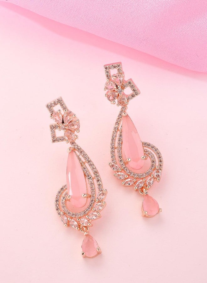 ADIVA Gold-Plated Pink Crystal & Pearl Handcrafted Western Drop Earrings Set for women, Traditional Stylish Jhumka for Girls Party, Wedding, Festive - Image 5