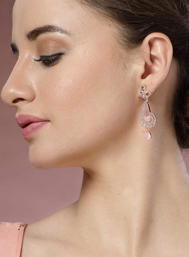 ADIVA Gold-Plated Pink Crystal & Pearl Handcrafted Western Drop Earrings Set for women, Traditional Stylish Jhumka for Girls Party, Wedding, Festive - Image 2