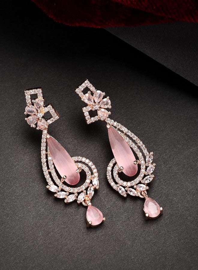 ADIVA Gold-Plated Pink Crystal & Pearl Handcrafted Western Drop Earrings Set for women, Traditional Stylish Jhumka for Girls Party, Wedding, Festive - Image 4