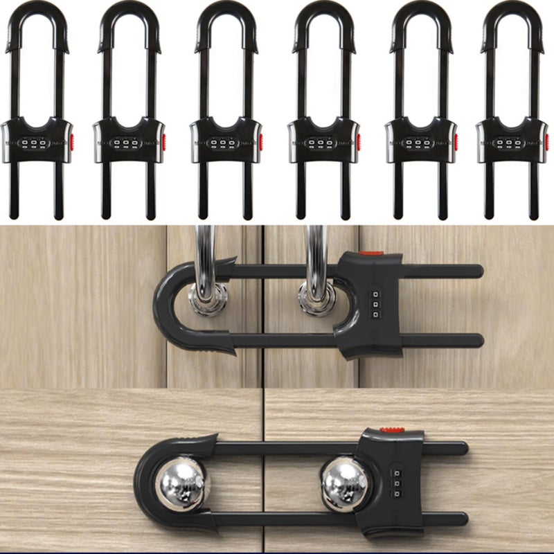 FIGEPO 6 Pack Child Proof U-Shaped Code Sliding Cabinet Door Locks Adjustable Baby Safety Cupboard Cabinet Latches Set for Knob Handle Drawers Closet Black - Image 1