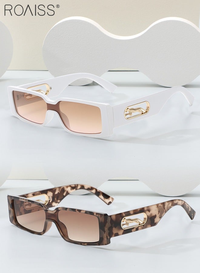 roaiss 2PCS Rectangular Sunglasses for Men Women, UV400 Protection Sun Glasses, Fashion Decorative Eyewear with Cheetah Decoration for Outdoor Party Street Photography, Leopard and White  - Image 1