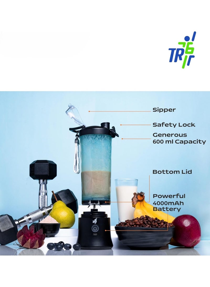 TR6 خلاط TR6 Blendmate المحمول فائق المقاومة للماء للعصائر والمشروبات المخفوقة والسموذي - محرك 230 واط، بطارية 4000 مللي أمبير/ساعة، وضع النبض، مصابيح LED، وعاء قابل للتحويل سعة 600 مل، مقبض مدمج للحمل (أسود) - Image 5