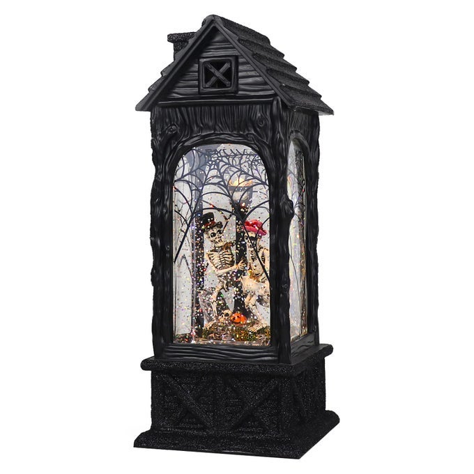 Halloween Ghost Projection Snow Globe Lantern with 6Hour Timer Lighted Plugin Battery Operated Water Glittering Snowing Globe Lamp for Spooky Fall Halloween Indoor DecorationSkeleton