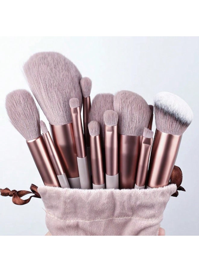 Shein 13-Piece Coffee Brown Makeup Brush Set with Velvet Pouch – Includes Blush Brush, Eyeshadow Brush, Powder Brush, Contour Brush, and Concealer Brush. Complete Professional Makeup Brush Kit - Image 1