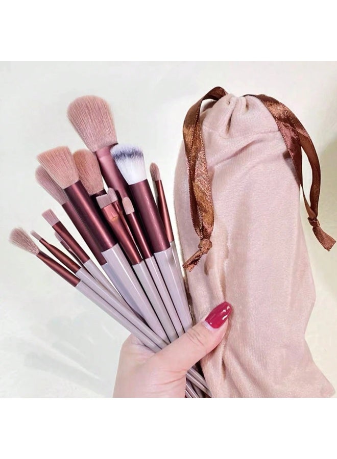 Shein 13-Piece Coffee Brown Makeup Brush Set with Velvet Pouch – Includes Blush Brush, Eyeshadow Brush, Powder Brush, Contour Brush, and Concealer Brush. Complete Professional Makeup Brush Kit - Image 2