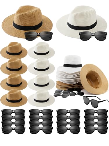 Silicherry 48 Pcs Straw Fedora Style Hat and Sunglasses Bulk 1920s Panama Style Eyeglasses for Wedding Guest Gifts Bridal Shower Halloween Costume Party Supplies Havana Nights - Image 1
