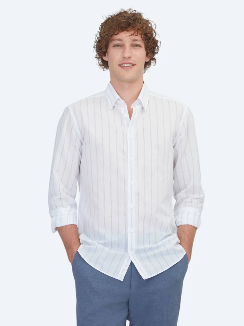 Kip Light Blue Striped Regular Fit Long Weaving Casual Cotton Blended Shirt